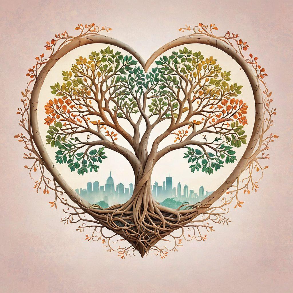 A warm heart-shaped emblem entwined with family heritage symbols, such as ancestral trees and heirlooms, overlays an abstract representation of insurance policies. The background features a blend of soft pastel colors representing love and security, with faint outlines of buildings symbolizing a stable future. The composition reflects a harmonious blend of affection, trust, and protection. super-realistic. vibrant colors. soft focus.