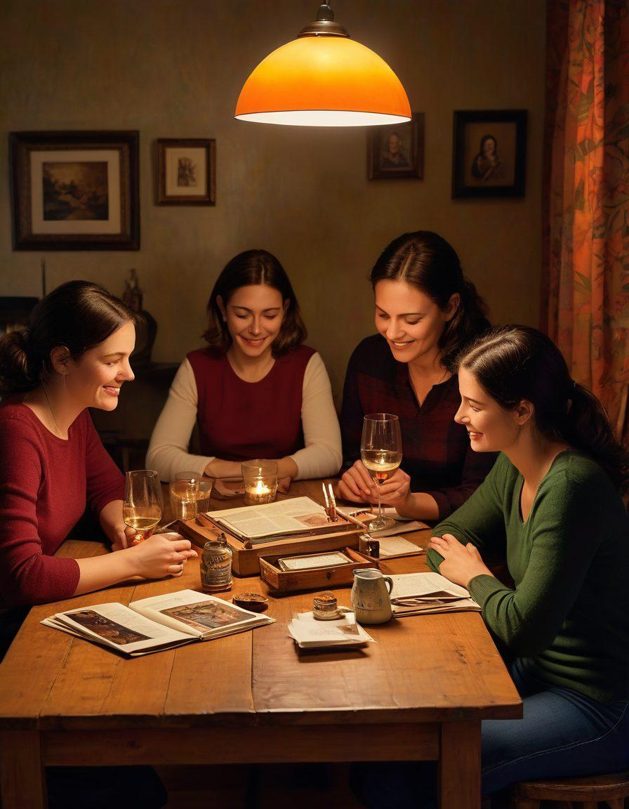 A warm family scene showcasing a diverse group of individuals, representing different generations, gathered around a cozy table filled with family mementos and photographs, symbolizing their histories. The atmosphere radiates love and connection, while subtle elements like a safe or policy documents in the background hint at the protective role of insurance. Soft lighting and warm colors enhance the emotional depth of the moment. painting. vibrant colors. warm tones.