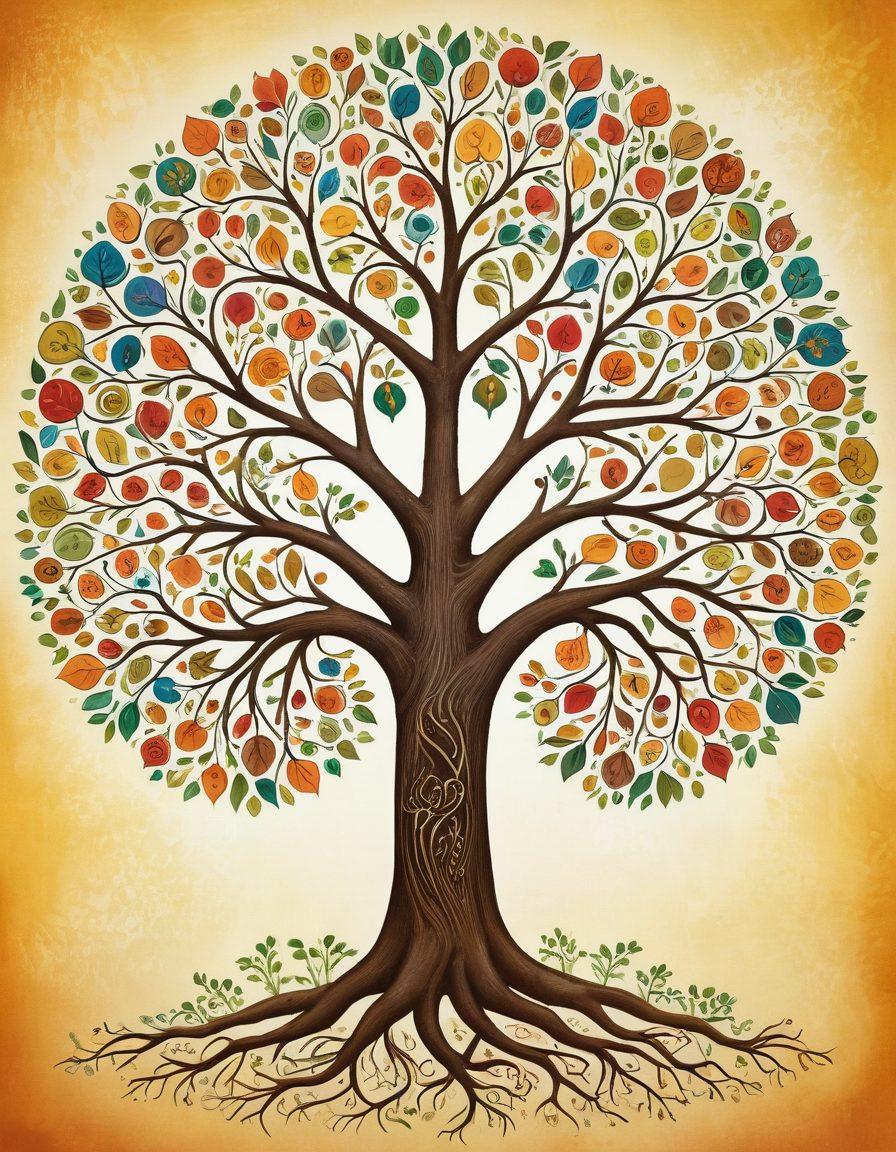 An artistic representation of a family tree morphing into a strong tree root system, symbolizing the connection between family history and insurance. Include visuals of diverse family members, intertwining branches, and vibrant leaves that represent emotional bonds. The ground should reveal coins and symbols of protection, signifying the strength insurance provides. Soft, warm colors to evoke feelings of warmth and security. painting. vibrant colors.